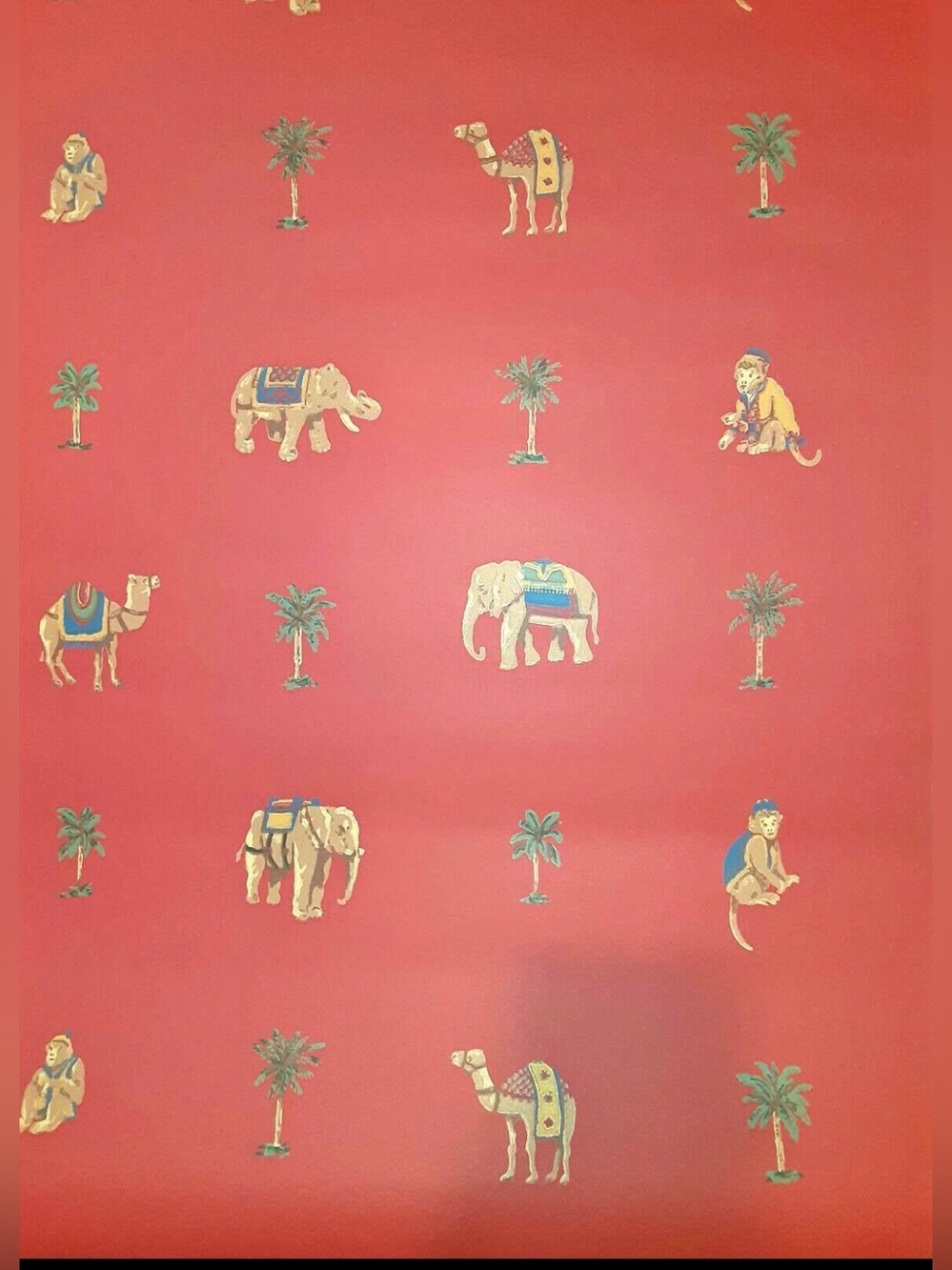 Vintage Set of Two Rolls Thibaut Red Wallpaper Monkeys Elephants Camels T6435